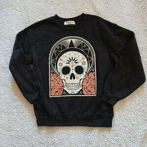 Wound Up Women's Black Sugar Skull Graphic Sweatshirt Size S NWOT Festival Goth